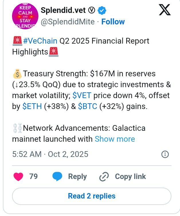 VeChain 2025 年第二季度资金规模达 1.67 亿美元，新合作伙伴及生态系统增长报告